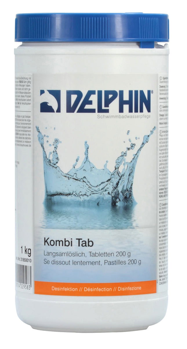 Delphin Kombi Tabs 200g, 1kg – Tablettes de piscine 3-en-1 à dissolution lente